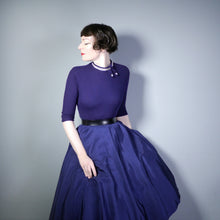 Load image into Gallery viewer, 50s NAVY BLUE TAFFETA AND WOOL PARTY DRESS WITH RHINESTONE DETAIL - XS