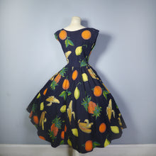 Load image into Gallery viewer, 50s HANDMADE BLACK LARGE FRUIT PRINT FULL SKIRTED NOVELTY DRESS - S