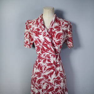 40s LONG CREAM AND BRICK RED PATTERNED WRAP DRESS - XS-S