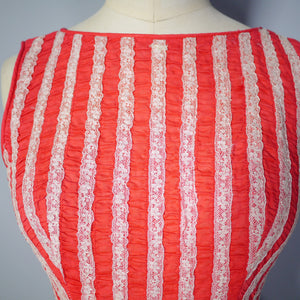 50s CORAL RED FULL SKIRTED DRESS WITH CANDY CANE LACE STRIPES AND BOW - XS