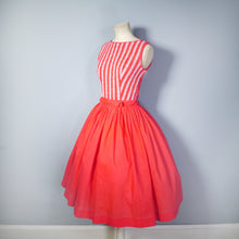 Load image into Gallery viewer, 50s CORAL RED FULL SKIRTED DRESS WITH CANDY CANE LACE STRIPES AND BOW - XS