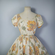 Load image into Gallery viewer, 50s ORANGE FLORAL CHIFFON OVERLAY FULL SKIRTED PARTY DRESS - S