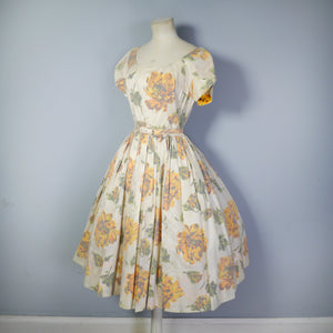50s ORANGE FLORAL CHIFFON OVERLAY FULL SKIRTED PARTY DRESS - S