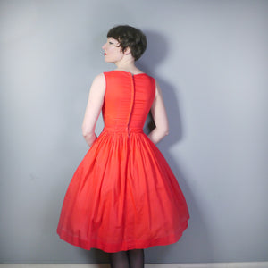 50s CORAL RED FULL SKIRTED DRESS WITH CANDY CANE LACE STRIPES AND BOW - XS