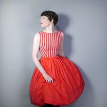 Load image into Gallery viewer, 50s CORAL RED FULL SKIRTED DRESS WITH CANDY CANE LACE STRIPES AND BOW - XS