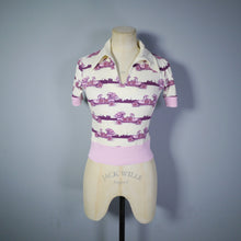 Load image into Gallery viewer, PINK AND CREAM 70s ART DECO NOVELTY AUTOMOBILE PRIN COLLARED TOP - XS-S