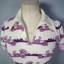 Load image into Gallery viewer, PINK AND CREAM 70s ART DECO NOVELTY AUTOMOBILE PRIN COLLARED TOP - XS-S