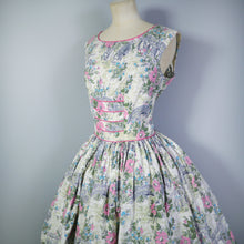 Load image into Gallery viewer, 50s RUIN AND FLOWER PRINT GREEN AND PINK FULL SKIRTED DRESS - S
