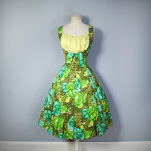 Load image into Gallery viewer, 60s BRIGHT GREEN SUN DRESS WITH GATHERED SHELF BUST - S