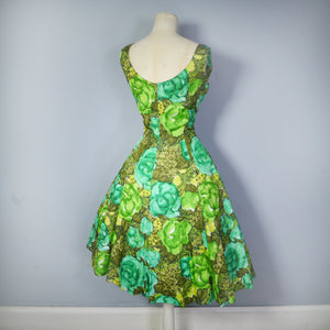 60s BRIGHT GREEN SUN DRESS WITH GATHERED SHELF BUST - S