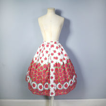 Load image into Gallery viewer, 50s VIVID RED FLORAL BORDER PRINT COTTON FULL SKIRT - 25.5&quot;