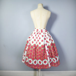 50s VIVID RED FLORAL BORDER PRINT COTTON FULL SKIRT - 25.5"