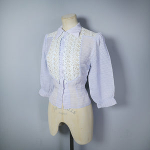 50s PASTEL BLUE SEMI SHEER BLOUSE WITH LACE TRIM - S