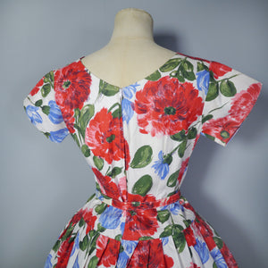 50s 60s BIG RED AND BLUE FLOWER PRINT COTTON DAY DRESS - S / petite