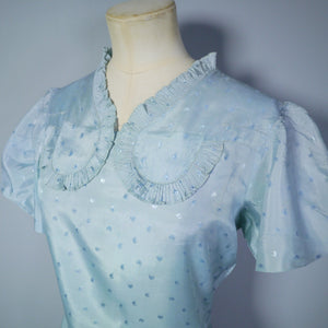 40s PASTEL BLUE DRESS WITH PLEATED RUFFLE NECKLINE AND HIP - S-M