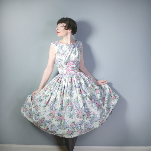 50s RUIN AND FLOWER PRINT GREEN AND PINK FULL SKIRTED DRESS - S