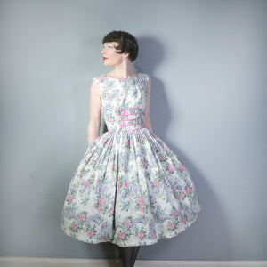 50s RUIN AND FLOWER PRINT GREEN AND PINK FULL SKIRTED DRESS - S