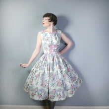Load image into Gallery viewer, 50s RUIN AND FLOWER PRINT GREEN AND PINK FULL SKIRTED DRESS - S