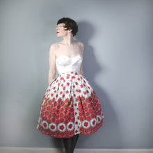 Load image into Gallery viewer, 50s VIVID RED FLORAL BORDER PRINT COTTON FULL SKIRT - 25.5&quot;