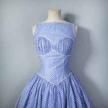 Load image into Gallery viewer, 50s BLUE POLKA DOT FULL SKIRTED COTTON DRESS WITH BUST PLEATS - XS