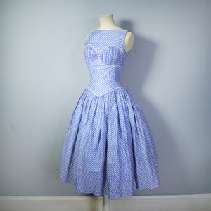50s BLUE POLKA DOT FULL SKIRTED COTTON DRESS WITH BUST PLEATS - XS