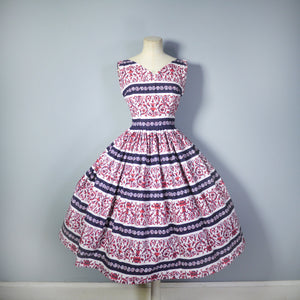 50s PRINTED FULL SKIRTED COTTON DRESS IN BURGUNDY, CREAM AND BLACK - S