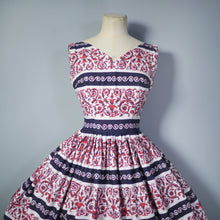 Load image into Gallery viewer, 50s PRINTED FULL SKIRTED COTTON DRESS IN BURGUNDY, CREAM AND BLACK - S
