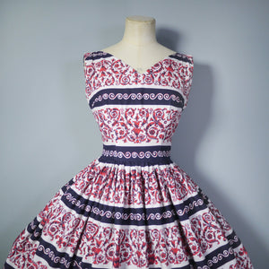 50s PRINTED FULL SKIRTED COTTON DRESS IN BURGUNDY, CREAM AND BLACK - S