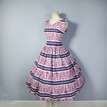 Load image into Gallery viewer, 50s PRINTED FULL SKIRTED COTTON DRESS IN BURGUNDY, CREAM AND BLACK - S