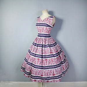 50s PRINTED FULL SKIRTED COTTON DRESS IN BURGUNDY, CREAM AND BLACK - S