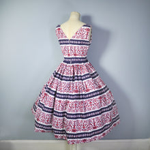 Load image into Gallery viewer, 50s PRINTED FULL SKIRTED COTTON DRESS IN BURGUNDY, CREAM AND BLACK - S