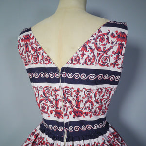 50s PRINTED FULL SKIRTED COTTON DRESS IN BURGUNDY, CREAM AND BLACK - S