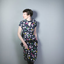 Load image into Gallery viewer, 40s BUTTERFLY PRINT RAYON DRESS WITH PEPLUM AND KEYHOLE NECK - XS
