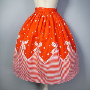 60s RED AND WHITE BOW AND STRIPE BORDER PRINT FULL COTTON SKIRT - 24"
