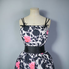 Load image into Gallery viewer, 60s JR FLAIR BLACK AND PINK ROSE SILHOUETTE PRINT COCKTAIL DRESS - XS