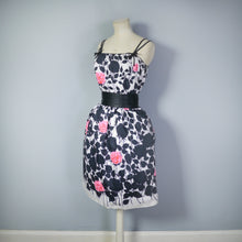 Load image into Gallery viewer, 60s JR FLAIR BLACK AND PINK ROSE SILHOUETTE PRINT COCKTAIL DRESS - XS