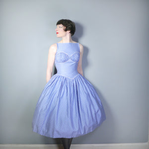 50s BLUE POLKA DOT FULL SKIRTED COTTON DRESS WITH BUST PLEATS - XS