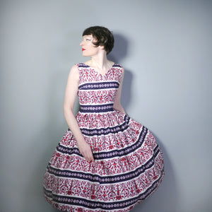 50s PRINTED FULL SKIRTED COTTON DRESS IN BURGUNDY, CREAM AND BLACK - S