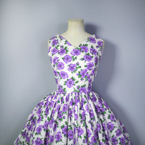 50s WHITE AND PURPLE FLORAL COTTON DAY DRESS -XS / petite fit