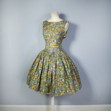 Load image into Gallery viewer, 50s GREEN CARNEGIE NOVELTY ARCHITECTURAL FIGURE HEAD COTTON DRESS- XS