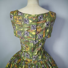 Load image into Gallery viewer, 50s GREEN CARNEGIE NOVELTY ARCHITECTURAL FIGURE HEAD COTTON DRESS- XS