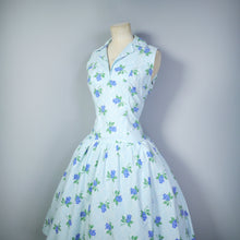 Load image into Gallery viewer, 50s PASTEL BLUE FLORAL COTTON DRESS WITH BIG ROSE BUD PRINT - S-M