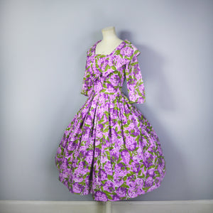 50s PURPLE FLORAL COTTON DRESS WITH FULL SKIRT AND SHAWL COLLAR - S