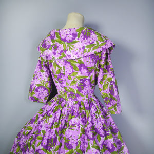 50s PURPLE FLORAL COTTON DRESS WITH FULL SKIRT AND SHAWL COLLAR - S
