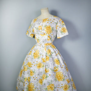 50s LIGHT GREY AND YELLOW FLORAL PRINT FULL SKIRTED COTTON DRESS - M