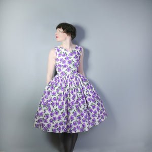 50s WHITE AND PURPLE FLORAL COTTON DAY DRESS -XS / petite fit