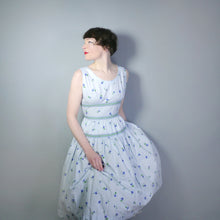 Load image into Gallery viewer, 50s LIGHT BLUE VIOLET FLOWER PRINT CALIFORNIA COTTONS DRESS - s