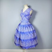 Load image into Gallery viewer, 50s BLUE WHITE FLOCKED TAFFETA PARTY DRESS - XS-S