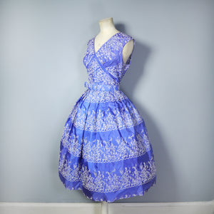 50s BLUE WHITE FLOCKED TAFFETA PARTY DRESS - XS-S