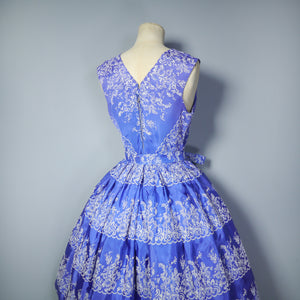 50s BLUE WHITE FLOCKED TAFFETA PARTY DRESS - XS-S